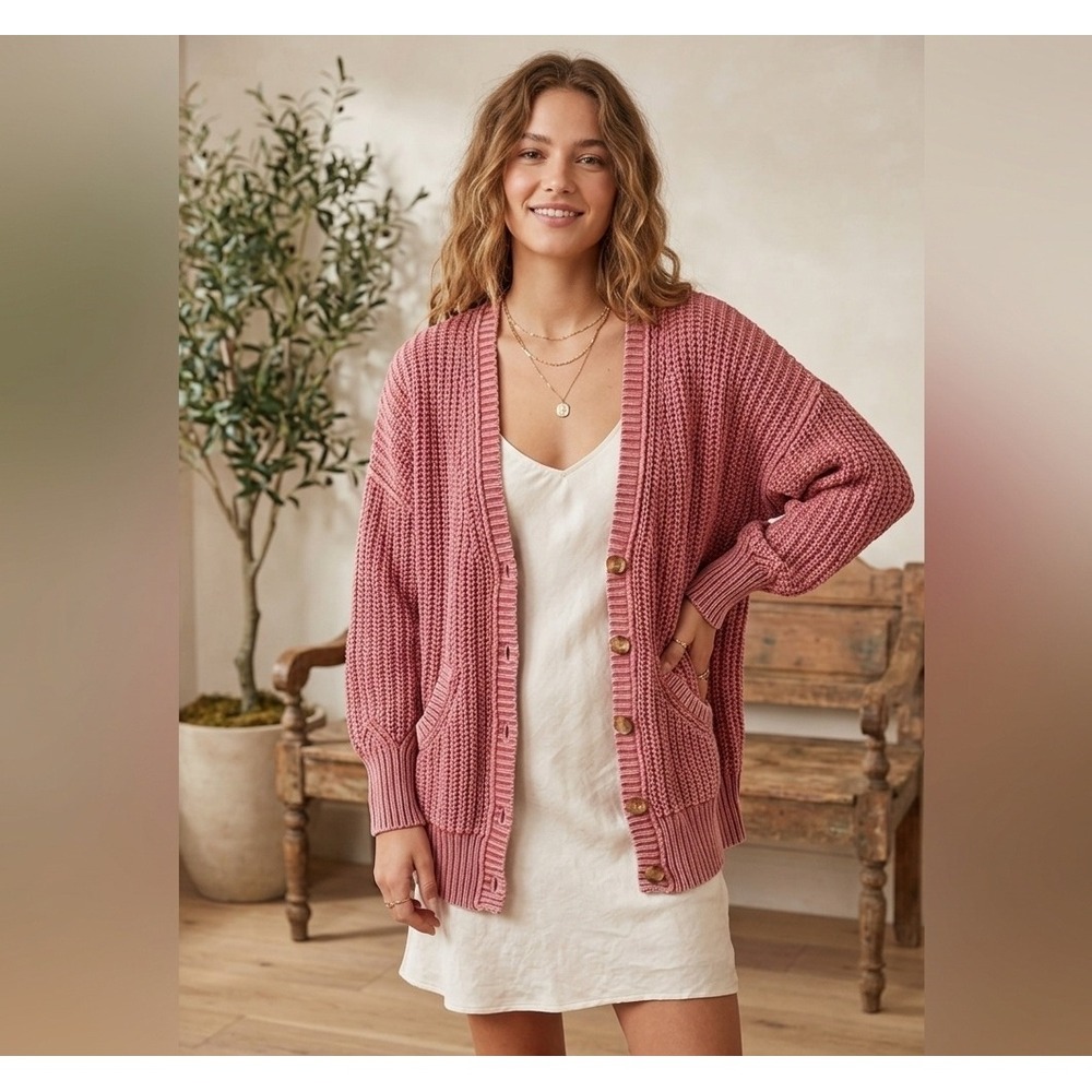 Chunky Knit Rustic Sundance Oversized Cardigan Size Large Pink 100% Cotton